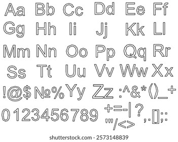 The alphabet is shown in a black and white image. The letters are arranged in rows and columns, with each letter taking up a different amount of space. The image is simple and straightforward