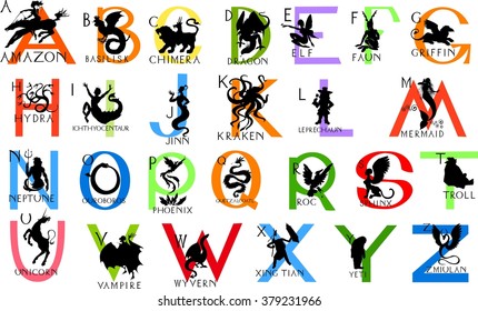 Alphabet with silhouettes of mythical creatures 