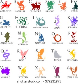 Alphabet with silhouettes of mythical creatures 