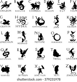 Alphabet With Silhouettes Of Mythical Creatures 