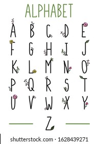 Alphabet - Simple Vector Font. Outline letters in modern style with hand drawn rustic floral elements. Typography font uppercase. Type letters isolated on white background.