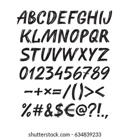 Alphabet sketch handwritten font - set of vector illustration. Marker calligraphic  draw typography highlighter letters, numbers figures and symbols. Lettering template.  