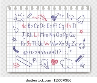 Alphabet in sketchy style with school doodles on copybook sheet. Vector handwritten pencil letters, numbers and punctuation marks. Ink pen handwriting font and doodle design elements.