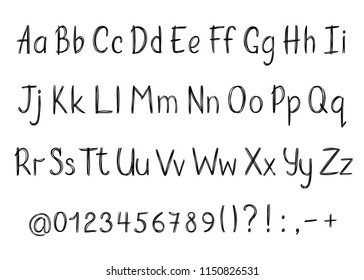 Alphabet In Sketchy Style. Vector Handwritten Pencil Letters, Numbers And Punctuation Marks. Ink Pen Handwriting Font.