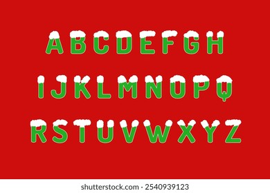 Alphabet with snow capped effect with green on red background. Christmas and New Year celebrations concept.