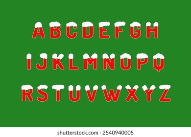 Alphabet with snow capped effect with red on green background. Christmas and New Year celebrations concept.