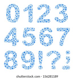 Alphabet from snowflakes, digit 0, 1, 2, 3, 4, 5, 6, 7, 8, 9 and punctuation marks