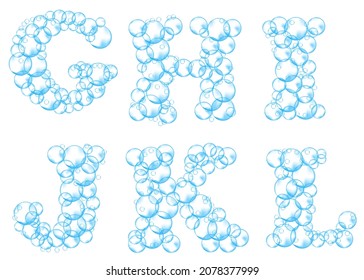 Alphabet of soap bubbles. Water suds letters g, h, i, j, k, l. Realistic vector font isolated on white background.