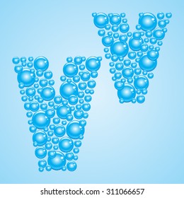 Alphabet of soap water bubble vector illustration - letter V. Aquatic cartoon blue bubles letters. Vector stylized water bubble font and alphabet.