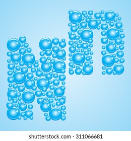 Alphabet of soap water bubble vector illustration - letter N. Aquatic cartoon blue bubles letters. Vector stylized water bubble font and alphabet.