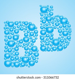 Alphabet of soap water bubble vector illustration - letter B. Aquatic cartoon blue bubles letters. Vector stylized water bubble font and alphabet.