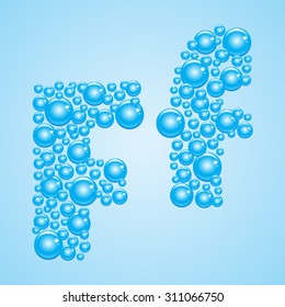 Alphabet of soap water bubble vector illustration - letter F. Aquatic cartoon blue bubles letters. Vector stylized water bubble font and alphabet.