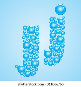 Alphabet of soap water bubble vector illustration - letter J. Aquatic cartoon blue bubles letters. Vector stylized water bubble font and alphabet.