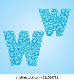 Alphabet of soap water bubble vector illustration - letter W. Aquatic cartoon blue bubles letters. Vector stylized water bubble font and alphabet.