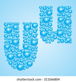 Alphabet of soap water bubble vector illustration - letter U. Aquatic cartoon blue bubles letters. Vector stylized water bubble font and alphabet.