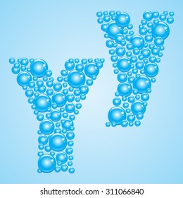 Alphabet of soap water bubble vector illustration - letter Y. Aquatic cartoon blue bubles letters. Vector stylized water bubble font and alphabet.