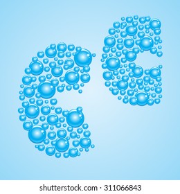 Alphabet of soap water bubble vector illustration - letter C. Aquatic cartoon blue bubles letters. Vector stylized water bubble font and alphabet.