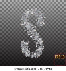 Alphabet of sparkling confetti. Silver stars of confetti. The letter "s". Vector illustration for party, birthday celebrate, anniversary or event, festive. Festival decor. 