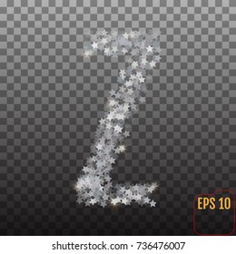 Alphabet of sparkling confetti. Silver stars of confetti. The letter "z". Vector illustration for party, birthday celebrate, anniversary or event, festive. Festival decor. 
