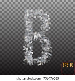 Alphabet of sparkling confetti. Silver stars of confetti. The letter "b". Vector illustration for party, birthday celebrate, anniversary or event, festive. Festival decor. 