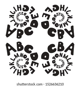 Alphabet spiral isolated pattern. Letter vector illustration. Illustration pattern wallpaper background. Typography design. Font with black and white symbols pattern white background. Texture alphabet