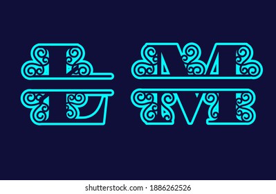 Alphabet Split Monogram, Split Letter Monogram, Alphabet Frame Font. Laser cut template. Initial letters of the monogram.