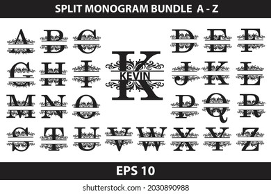 Alphabet Split Monogram, Split Letter Monogram, Alphabet Frame Font. Laser cut template. Initial letters of the monogram.