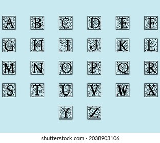 Alphabet Split Monogram, Split Letter Monogram, Alphabet Frame Font. Laser cut template. Initial letters of the monogram.