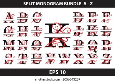 Alphabet Split Monogram, Split Letter Monogram, Alphabet Frame Font. Laser cut template. Initial letters of the monogram. Split Regal Monogram. Font A to Z SVG Letters Dxf, Svg, Cdr, Eps, AI, 