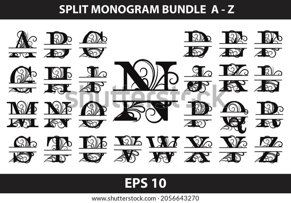 Alphabet Split Monogram, Split Letter Monogram, Alphabet\
Frame Font. Laser cut template. Initial letters of the monogram.\
Split Regal Monogram. Font A to Z SVG Letters Dxf, Svg, Cdr, Eps,\
AI, 