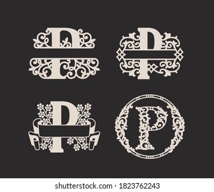 Alphabet Split Monograms Set, Split Letter Monogram, Alphabet Frame Font. Laser cut template. Initial monogram Logo