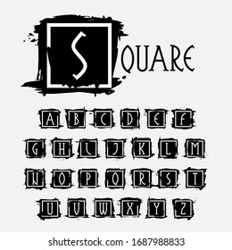 Alphabet in quadratischem Rahmen bei rosafarbenen Pinselstrichen mit rauen Kanten. Vektorillustration-Serif-Schrift perfekt für Premium-Etiketten, Vintage-Plakate und moderne Identität, etc.