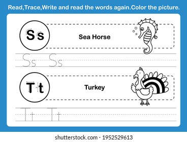 Alphabet S-T exercise with cartoon vocabulary for coloring book illustration, vector