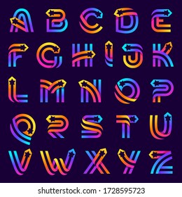 Alphabet with star inside. Vector parallel lines icon. Perfect font for multicolor labels, space print, nightlife posters etc.