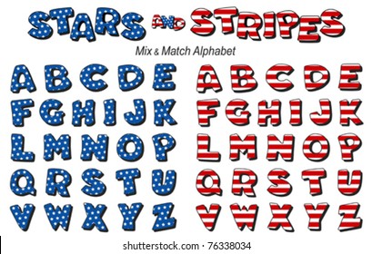 Alphabet, Stars and Stripes. Original design, mix and match in red, white and blue. For Fourth of July, summer picnics, reunions, patriotic celebrations and holidays. EPS8 compatible.
