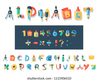 Alphabet stationery letters vector abc font alphabetic icons of office supply and school tools accessories for education pencil or pen alphabetically isolated on background illustration