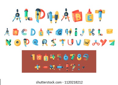 Alphabet stationery letters vector abc font alphabetic icons of office supply and school tools accessories for education pencil or pen alphabetically isolated on background illustration