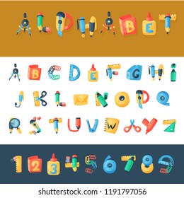 Alphabet stationery letters vector abc font alphabetic icons of office supply and school tools accessories for education pencil or pen alphabetically isolated on background illustration