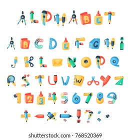 Alphabet stationery letters vector abc font alphabetic icons of office supply and school tools accessories for education pencil or pen alphabetically isolated on white background illustration