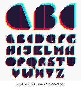 Alphabet with stereo effect. Vibrant glossy colors font perfect to use in any disco labels, dj logos, electromusic posters, bright identity, etc.