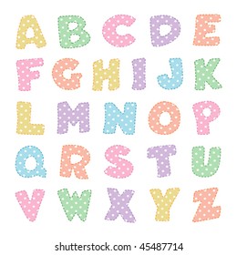 Alphabet with stitching, Pastel Polka Dots.  Original letter design for scrapbooks, albums, crafts and back to school projects. EPS8 compatible.