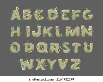 Alphabet With Stone Letters Vector Illustrations Set. Medieval Or Stone Age Style Font, Letters As Rocks With Leaves And Grass On Grey Background. Education, Geology, Jungle Concept For Game Or UI