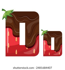 alphabet with strawberry design with melted dark chocolate namely letter D design for designs, posters or banners