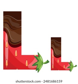 alphabet with strawberry design with melted dark chocolate namely letter L design for designs, posters or banners