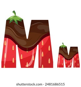 alphabet with strawberry design with melted dark chocolate namely letter M design for designs, posters or banners