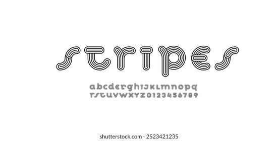 alphabet gestreifte Zierschrift, Buchstaben A, B, C, D, E, F, G, H, I, J, K, L, M, N, O, P, Q, R, S, T, U, V, W, X, Y, Z und Ziffern 0, 1, 2, 3, 4, 5, 6, 7, 8, 9, Vektorgrafik 10EPS