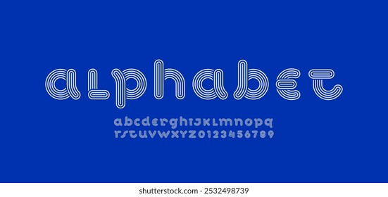 alphabet gestreifte Zierschrift, Buchstaben A, B, C, D, E, F, G, H, I, J, K, L, M, N, O, P, Q, R, S, T, U, V, W, X, Y, Z und Ziffern 0, 1, 2, 3, 4, 5, 6, 7, 8, 9, Vektorgrafik 10EPS