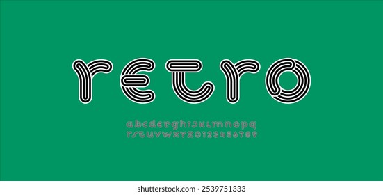 Alphabet gestreifte Zierschrift, Buchstaben A, B, C, D, E, F, G, H, I, J, K, L, M, N, O, P, Q, R, S, T, U, V, W, X, Y, Z und Ziffern 0, 1, 2, 3, 4, 5, 6, 7, 8, 9, Vektorgrafik 10EPS.