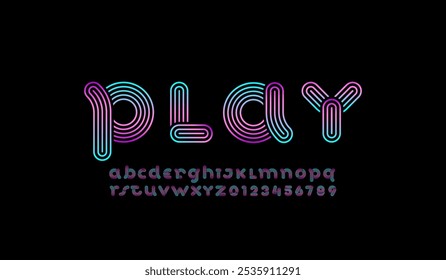 Alphabet striped disco font, bright letters A, B, C, D, E, F, G, H, I, J, K, L, M, N, O, P, Q, R, S, T, U, V, W, X, Y, Z and numerals 0, 1, 2, 3, 4, 5, 6, 7, 8, 9, vector illustration 10EPS