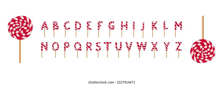 Alphabet from striped red and white lollipops. Festive font or decoration for holiday or party. Vector flat illustration